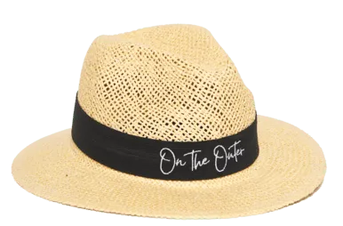 Natural straw hat with black On the Outer branded band