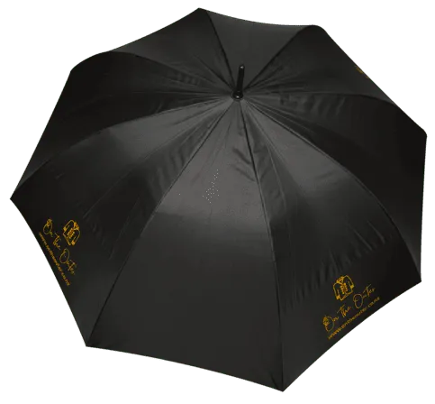 Open black umbrella with gold On the Outer logos printed on multiple panels
