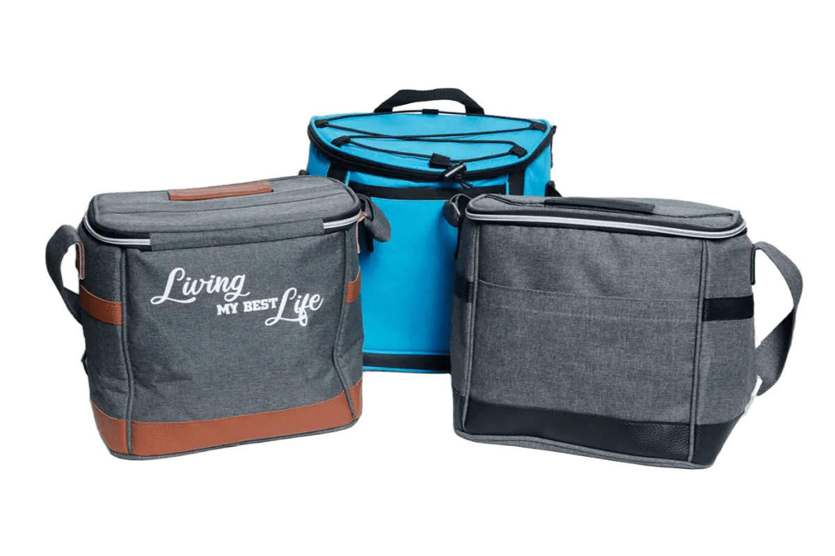 Three insulated cooler bags in grey and blue, including one branded design
