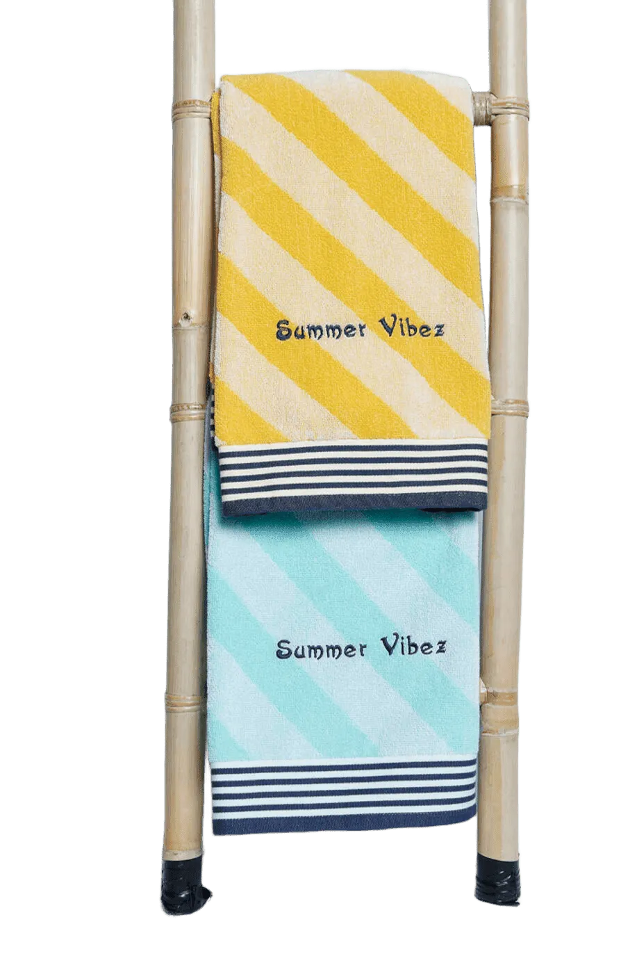 Yellow and aqua striped towels personalised with “Summer Vibez”