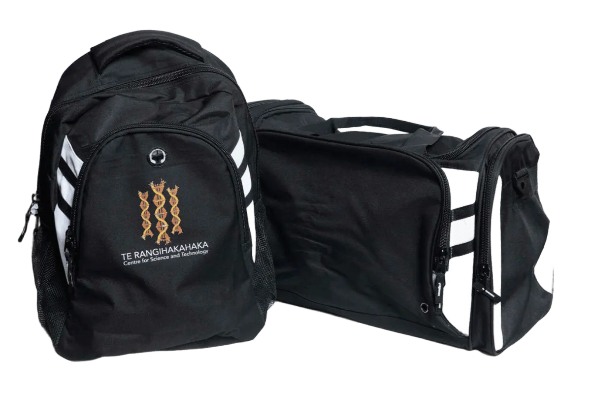 Black backpack and matching sports bag with Te Rangihakahaka Centre for Science and Technology branding