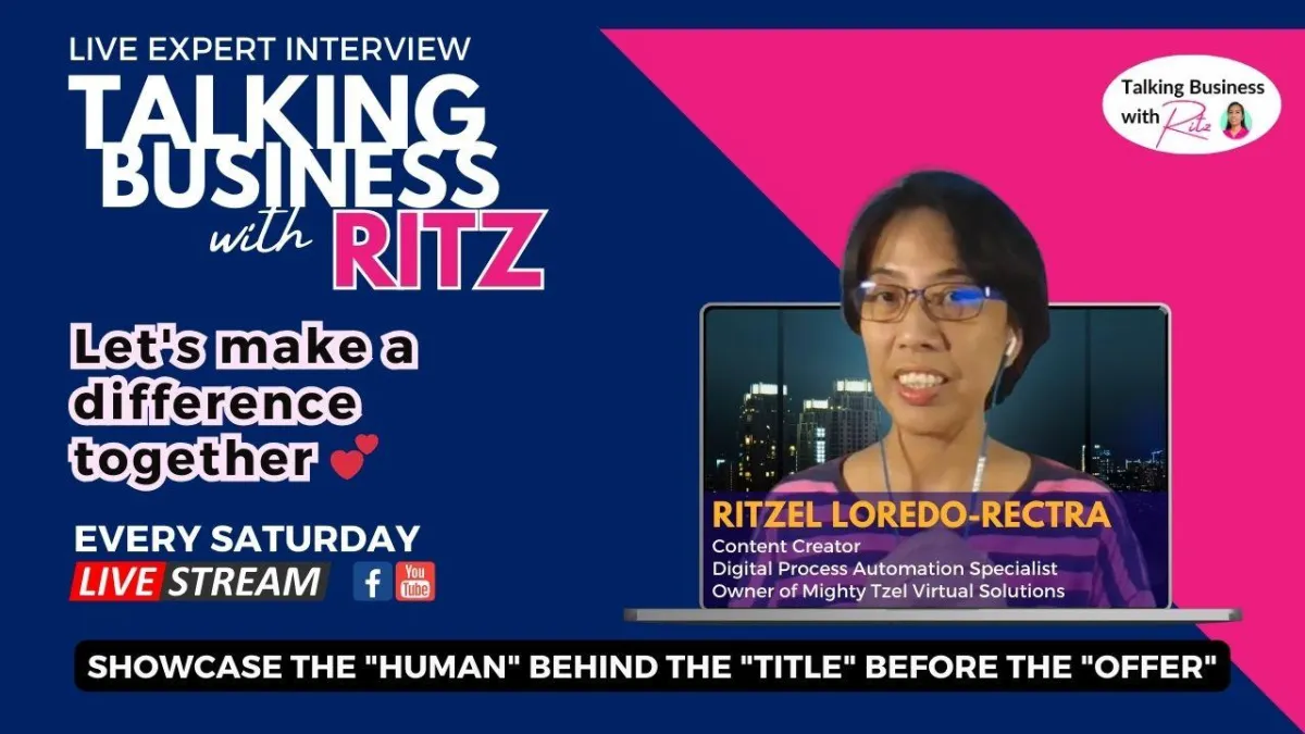 Talking Business with Ritz banner with Ritzel's image (the host of the show. Showcase the Human behind the Title before the Offer.