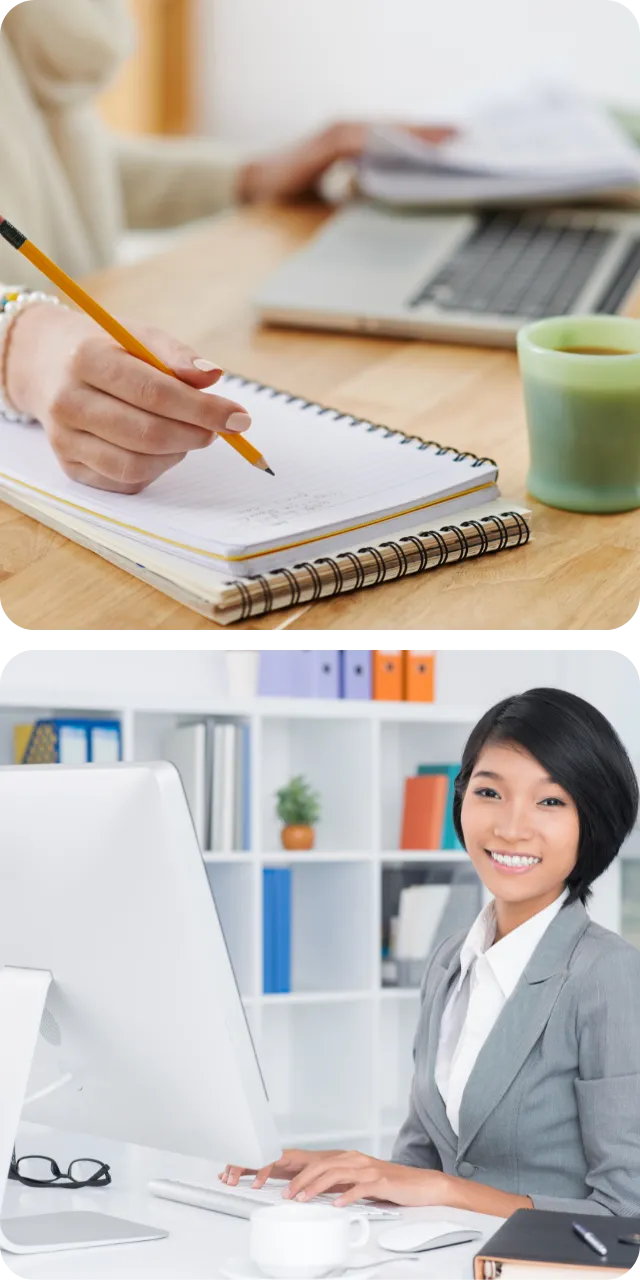 A split image of two scenes. The top half shows a person writing in a spiral notebook with a yellow pencil on a wooden desk, next to a laptop and a green mug. The bottom half features a smiling woman in a gray blazer sitting at a white desk in a bright office space, typing on a keyboard with a computer monitor in front of her. A shelf with colorful binders and a potted plant is visible in the background.