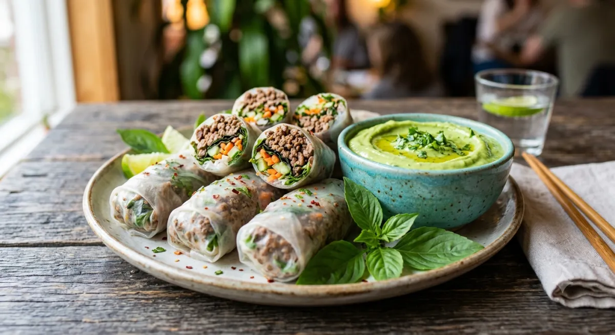 Thai Basil Beef Rolls with Avocado Cilantro Cream Dip