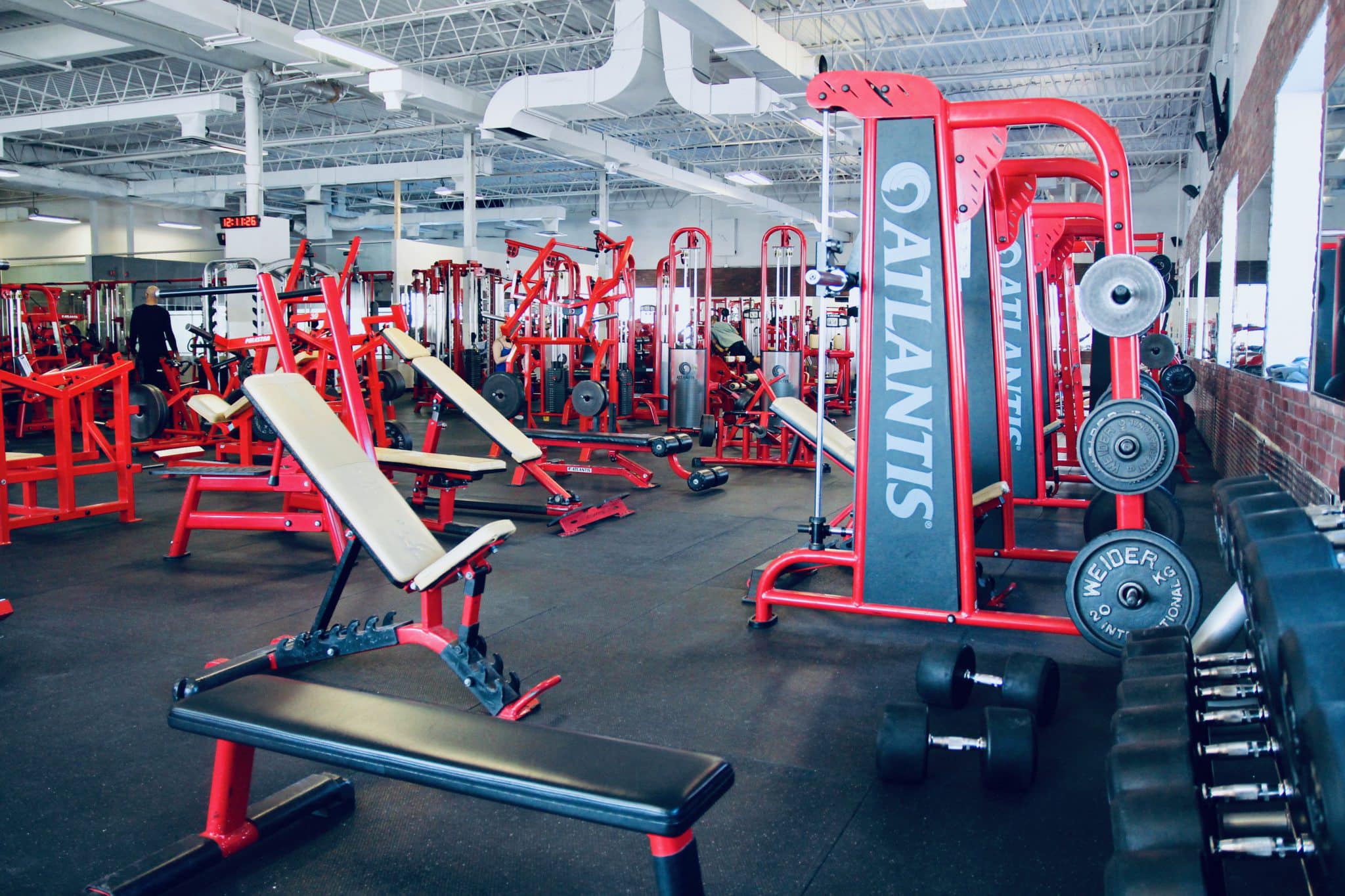 Intérieur de la salle d'entraînement avec équipements de musculation.
