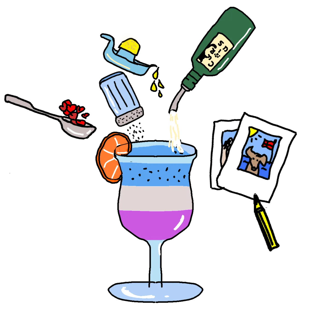 Gesketchter Cocktail mit symbolischen Zutaten: Herz, Zitrone, Flasche „Curius“, Bleistift & Polaroid-Fotos – kreative Metapher für Impulse, Coaching und Journaling.