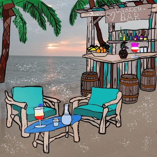 Sketchnote einer Strandbar mit Treibholzsesseln, Surfbrett-Tisch, Palmen und Meerblick – kreative Illustration der WunderB.A.R. als Ort für achtsame Auszeiten & Coaching.