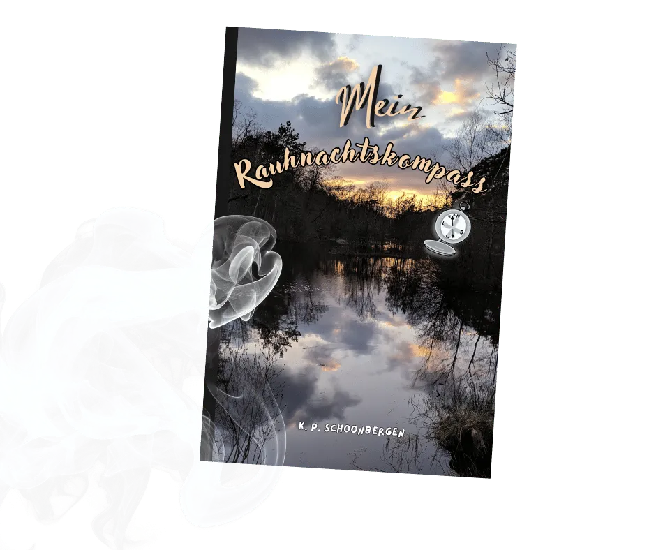Buchcover „Mein Rauhnachtskompass“ erscheint weich im Nebel mit Rauchschwade – Sinnbild für innere Einkehr, Übergang und Orientierung in den Rauhnächten.
