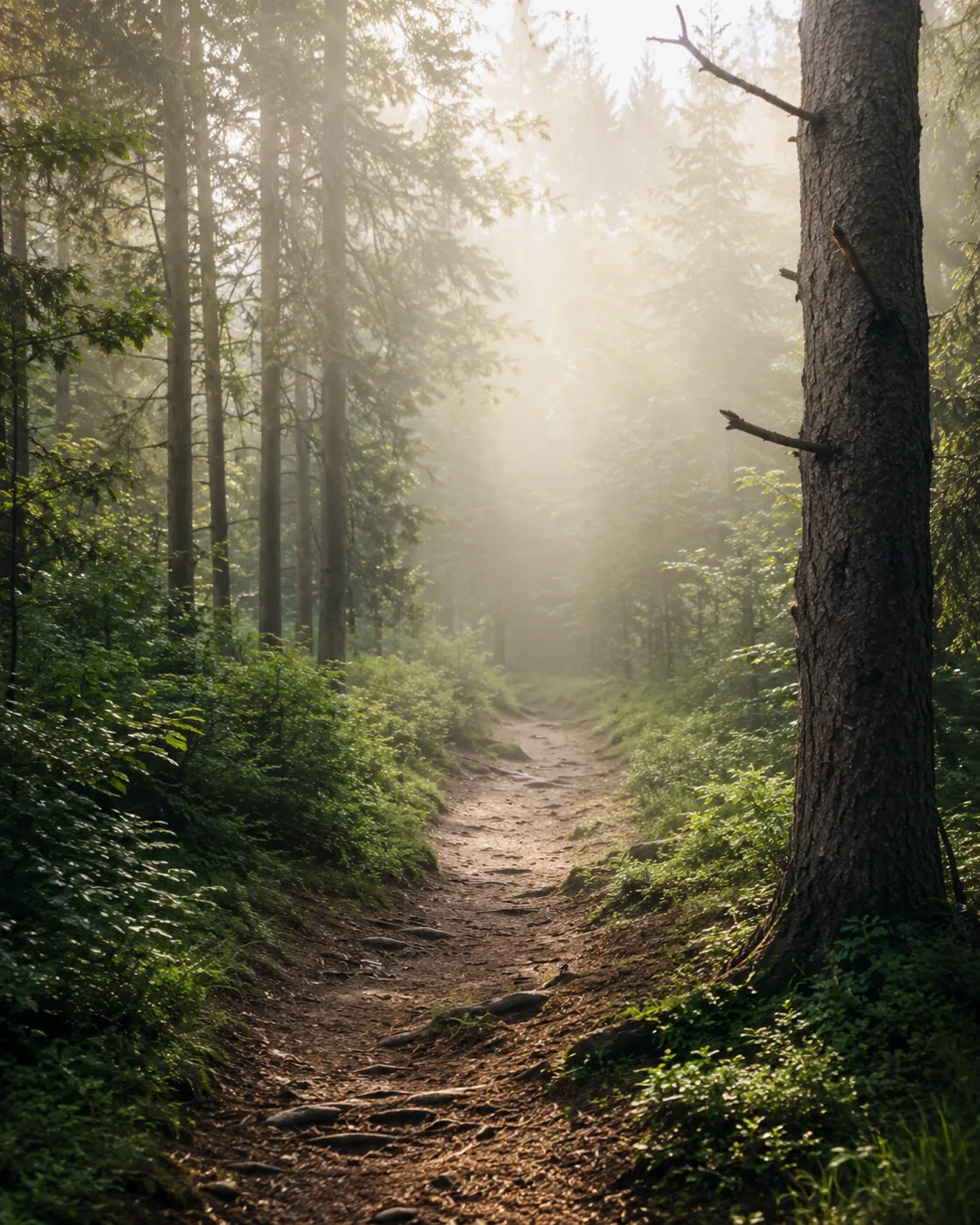 Chemin en forêt éclairé par la lumière, symbole d’accompagnement et d’apaisement