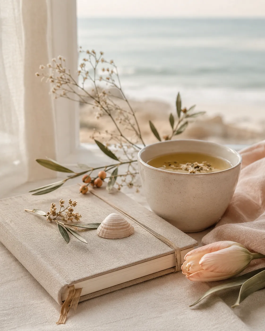 Tasse, carnet et mer en arrière-plan, symbole de pause, de clarté et d’accompagnement individuel.