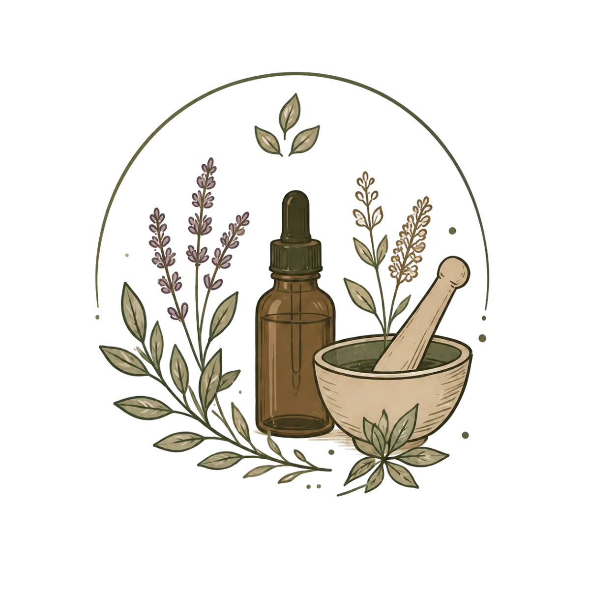 Icône plantes, huile essentielle et mortier, symbole d’écologie du quotidien et de gestes naturels