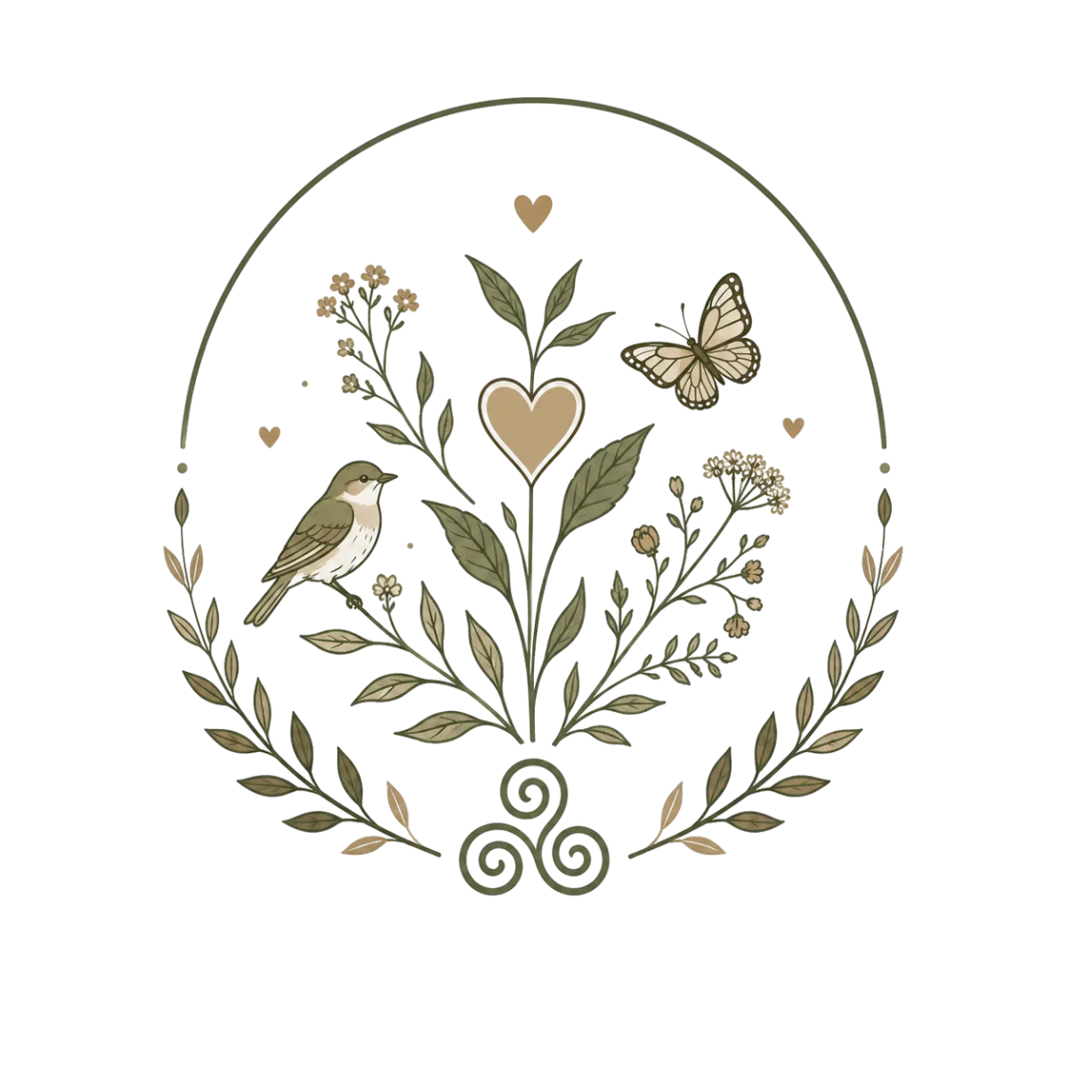 Icône végétale avec oiseau, papillon et cœur, symbole du lien au vivant