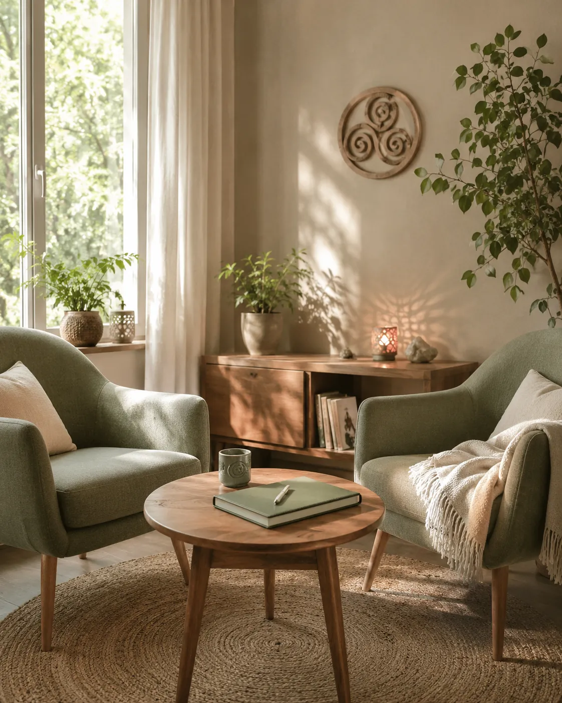 Deux fauteuils face à face dans un espace calme consacré à l’écoute et à la clarté.
