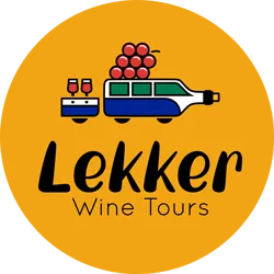 Lekker Wine Tours logo featuring a stylized vehicle carrying wine bottles on a yellow circular background, with the company name displayed twice in bold text.