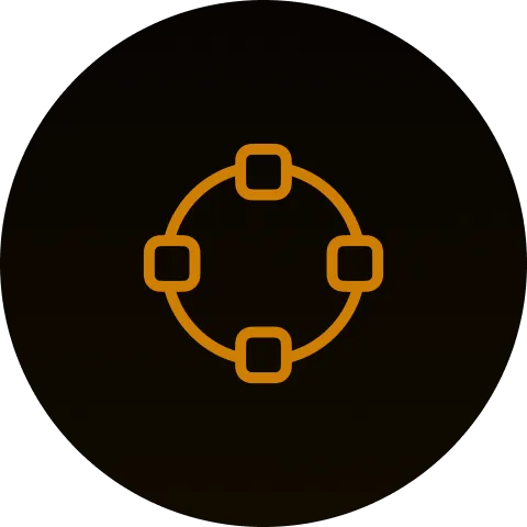 Image"Four connected nodes icon symbolizing collaboration or network."