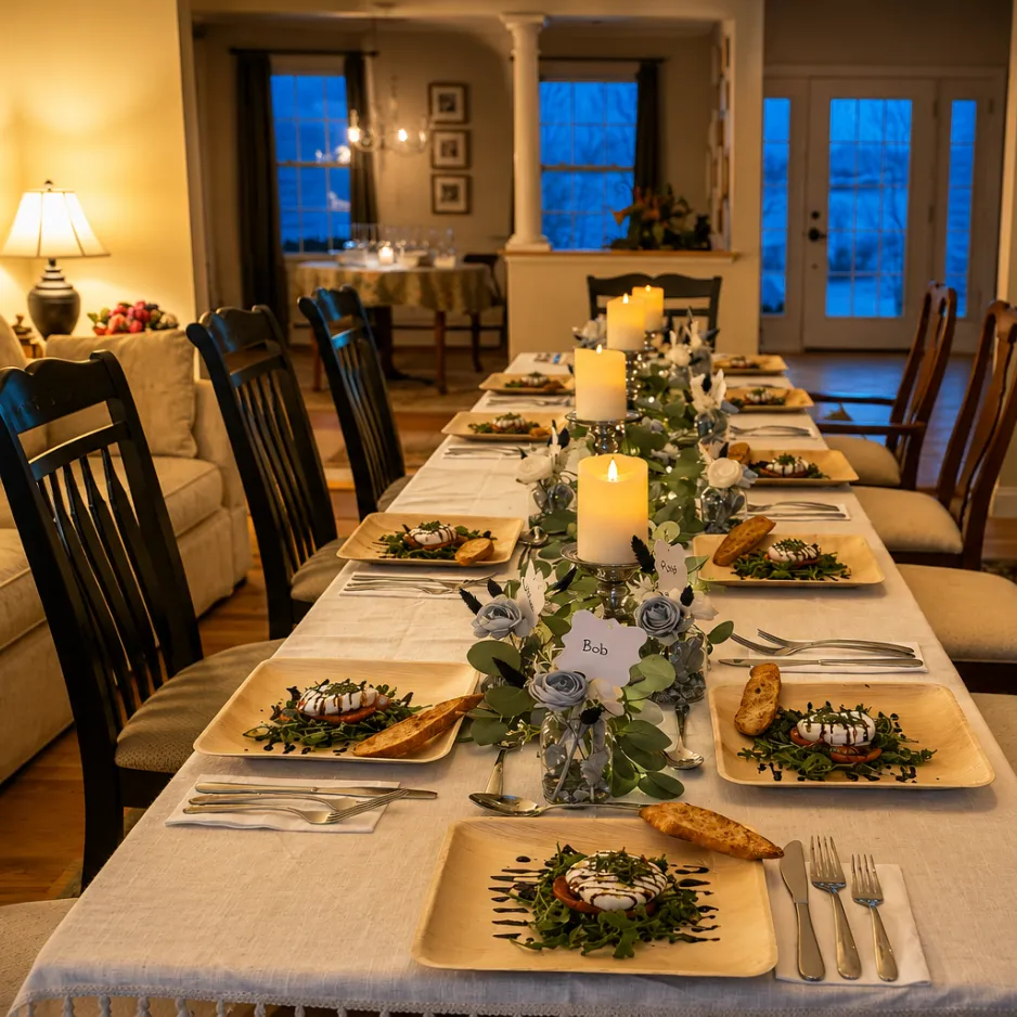 A long, indoor dinner table decorated with greenery and glowing candles, set up for an intimate private event inside the venue.