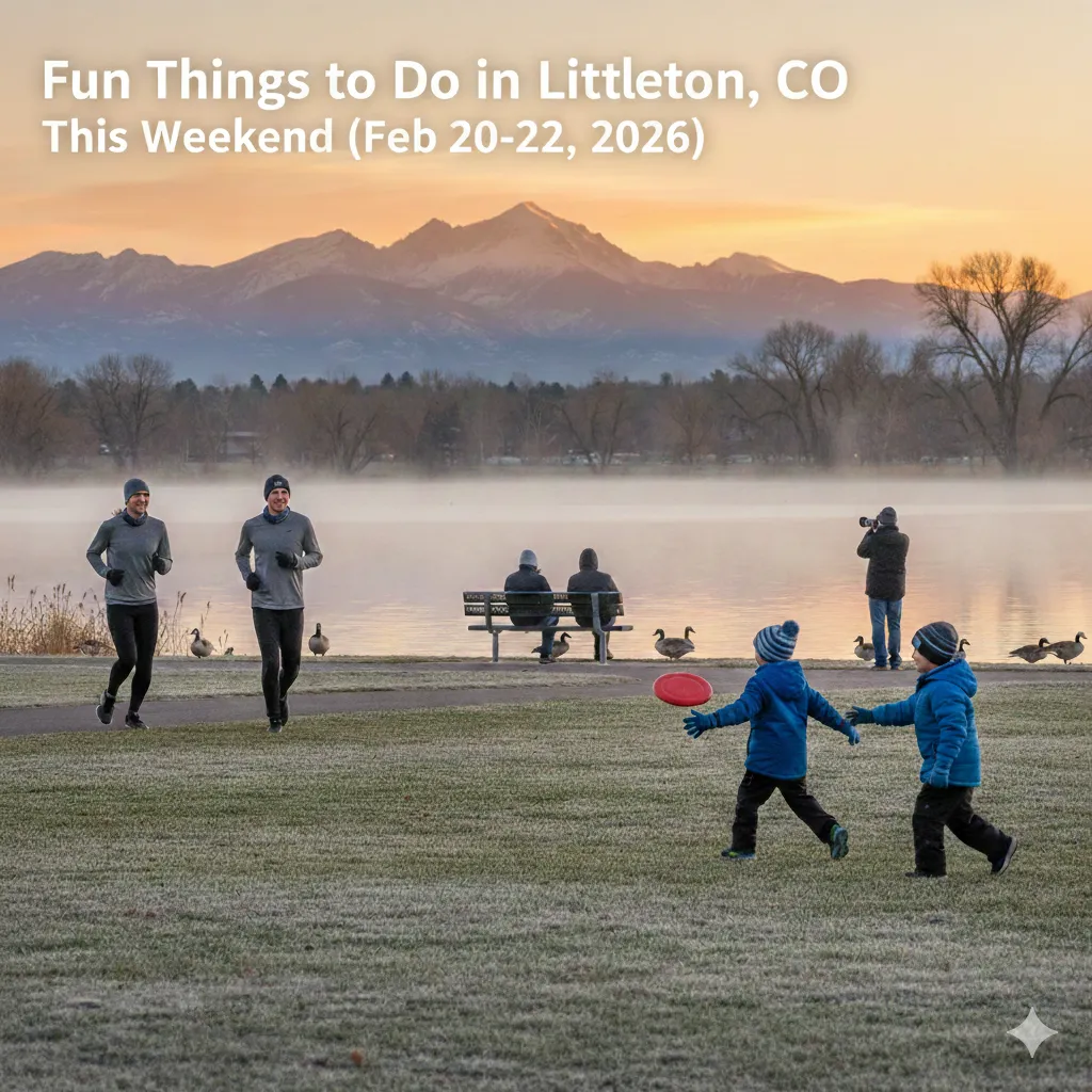 Here is the alt text for your cover image:  Alt Text: A photo-realistic image of a winter sunset at Clement Park in Littleton, CO, featuring the snow-capped Rocky Mountains in the background. In the foreground, two children in winter gear play with a red frisbee on a frost-covered lawn. Nearby, two joggers run along a path, and a photographer captures the mist over a calm lake. The top left of the image features white text: "Fun Things to Do in Littleton, CO This Weekend (Feb 20-22, 2026)."