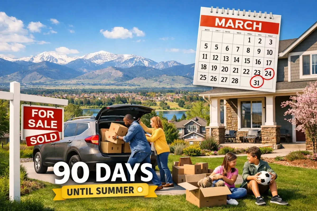 Littleton CO home sale and summer move preparation with family packing boxes, March calendar countdown, sold sign, and Front Range mountains backdrop.  Let me know if you’d like one optimized specifically for Pinterest, YouTube thumbnail, or blog header placement.