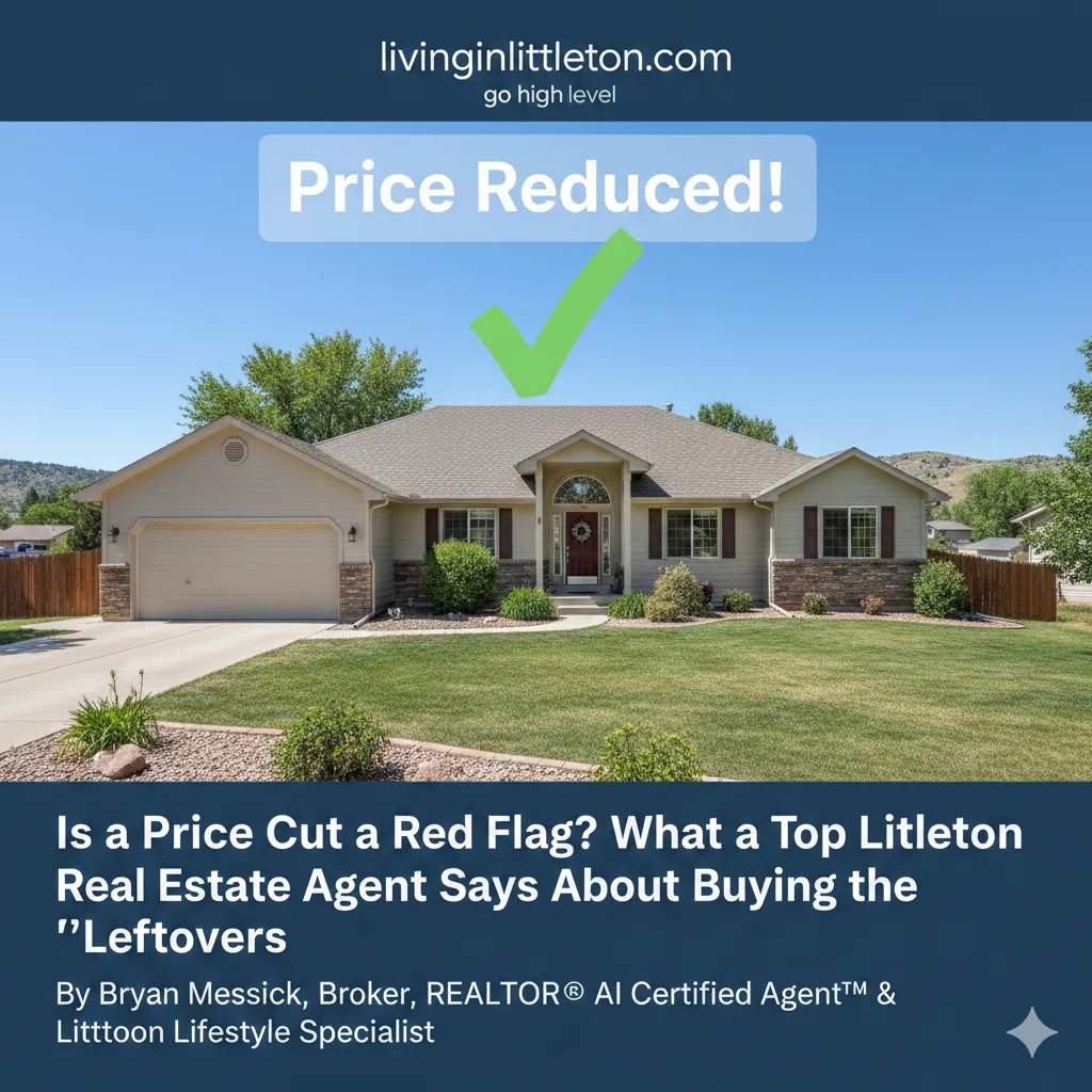 A suburban Littleton, CO home with a "Price Reduced" banner and a green checkmark, featuring blog title text: "Is a Price Cut a Red Flag? What a Top Littleton Real Estate Agent Says About Buying the Leftovers by Bryan Messick.