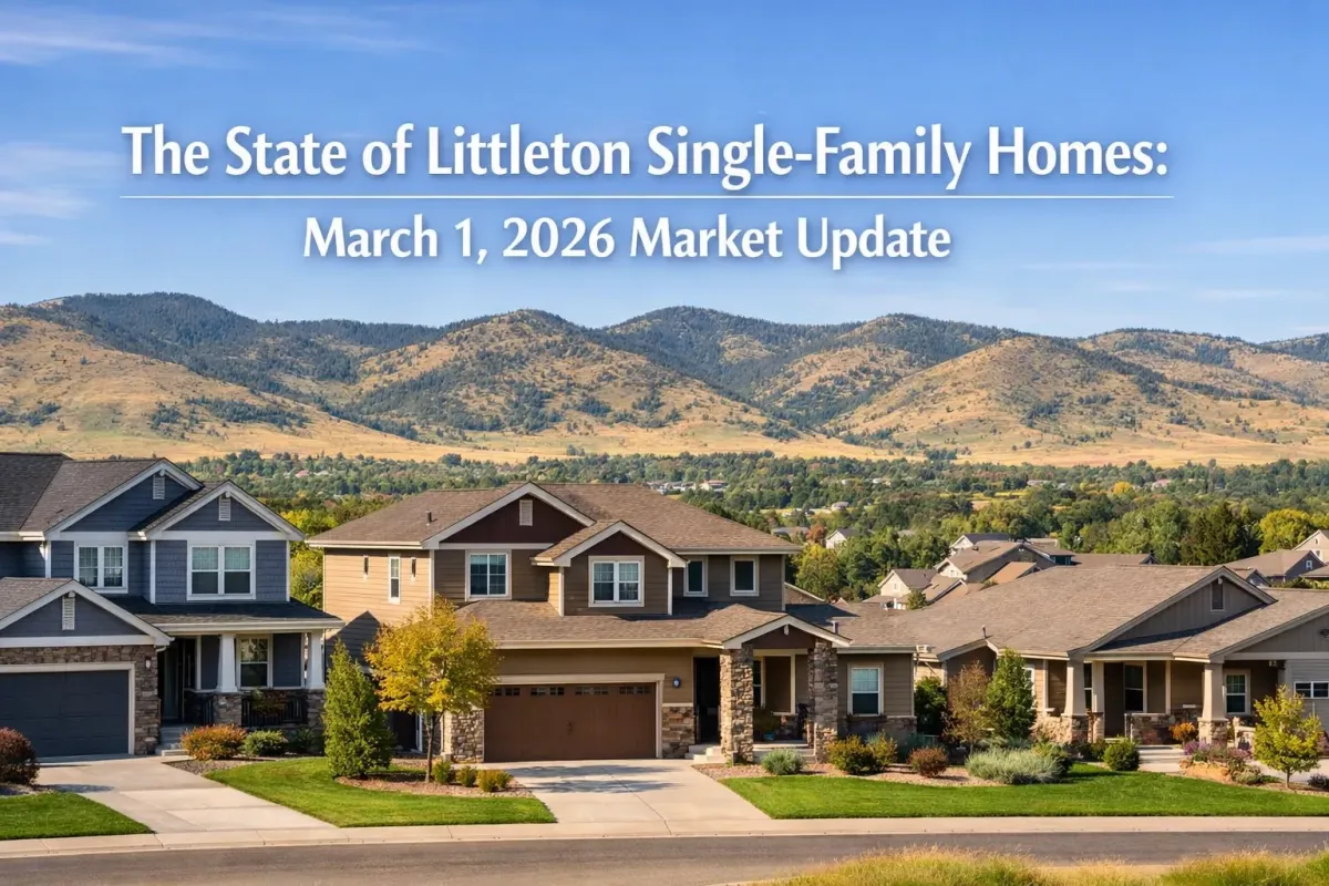A row of modern two-story single-family homes in Littleton, Colorado, featuring manicured lawns and stone-accented facades. The homes are set against a backdrop of rolling golden foothills under a clear blue sky. Text overlay reads: "The State of Littleton Single-Family Homes: March 1, 2026 Market Update".