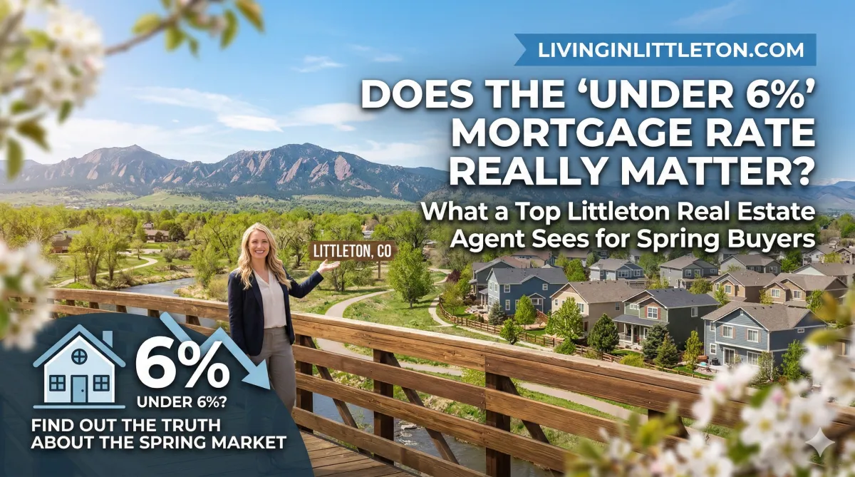 A scenic Littleton, CO, real estate blog hero image featuring a female agent on a bridge overlooking a neighborhood and mountains, with text reading, "DOES THE ‘UNDER 6%’ MORTGAGE RATE REALLY MATTER?"