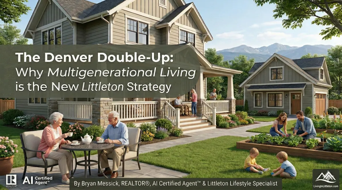 A multigenerational family enjoying a spacious Littleton home with an Accessory Dwelling Unit (ADU) and mountain views. The image features the blog title "The Denver Double-Up: Why Multigenerational Living is the New Littleton Strategy" and branding for Bryan Messick, REALTOR® and LivingInLittleton.com.