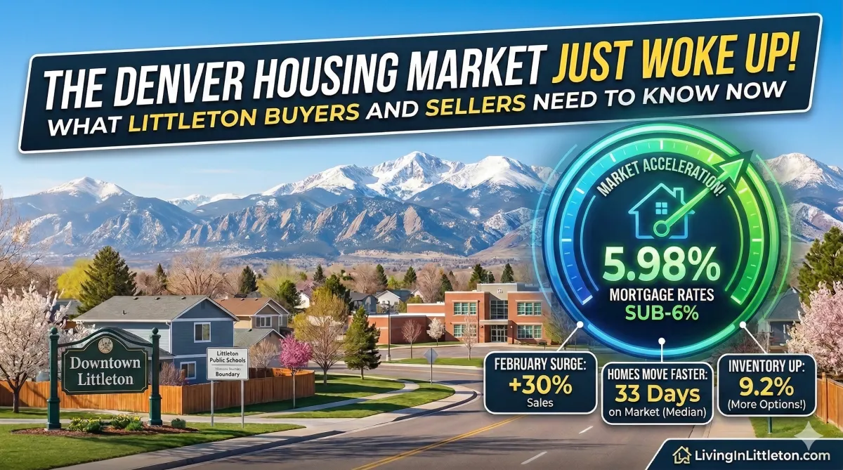 Graphic showing a 2026 Littleton Colorado real estate market update with snow-capped Rocky Mountains in the background. Features a speedometer dial pointing to a 5.98% mortgage rate and statistics showing a 30% surge in sales and a 33-day median time on market.