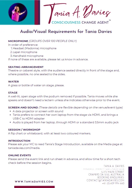 AV and Stage Requirements for Tania Davies