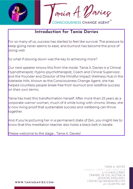 Tania Davies Stage Introduction
