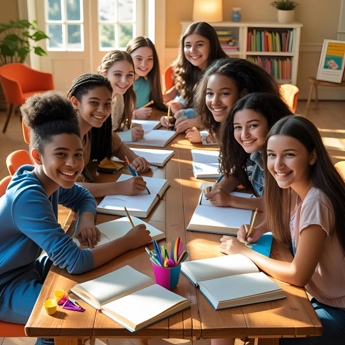 group of young people at a desk with journals.