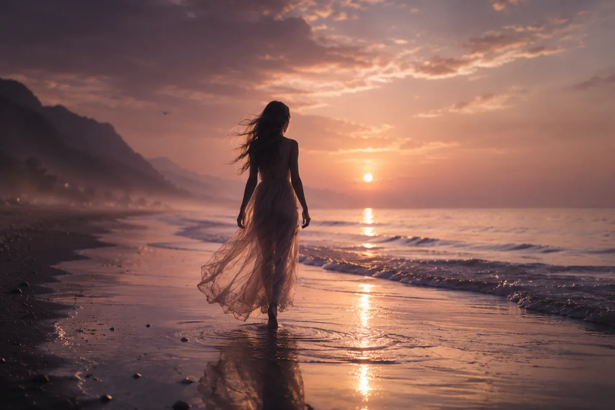Cinematic sunset beach scene featuring a woman in a flowing dress walking along reflective shoreline waters with soft waves, misty mountains, and warm golden light creating a peaceful and ethereal atmosphere.