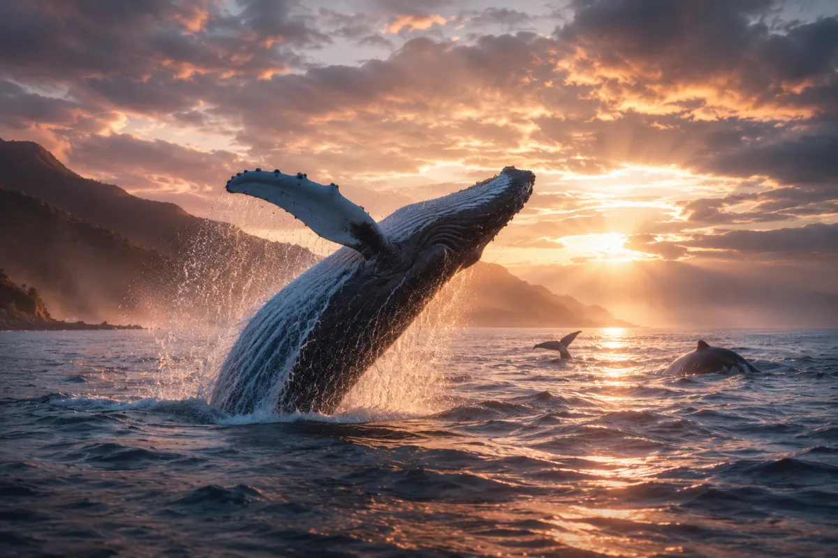 Cinematic ocean sunset featuring a humpback whale breaching above glistening water with dramatic golden light, coastal mountains, and misty waves creating a powerful and awe-inspiring atmosphere.