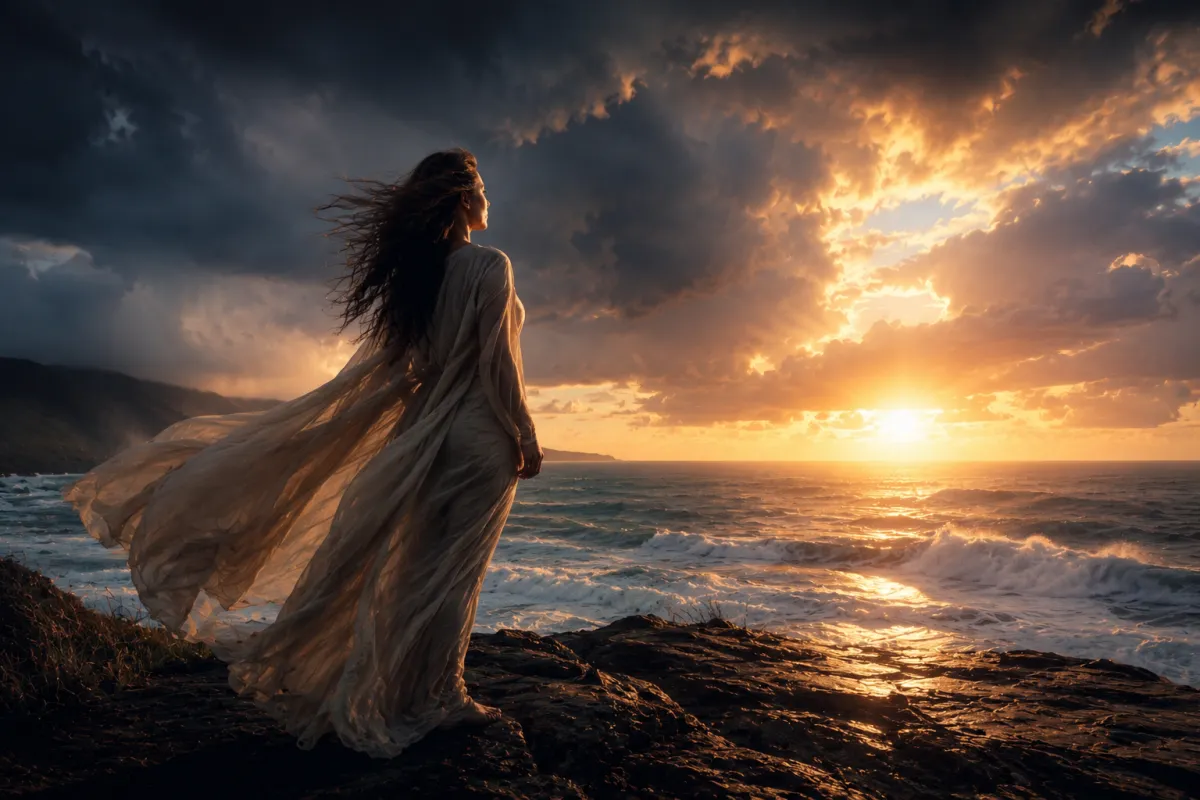 Cinematic coastal sunrise scene featuring a woman standing on rocky cliffs overlooking crashing ocean waves beneath dramatic storm clouds and radiant golden light, symbolising resilience, transformation, and strength.