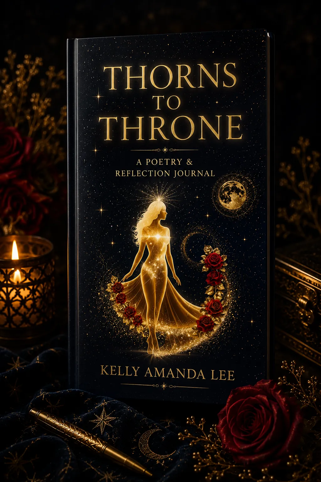 Vertical cinematic mockup of the book Thorns to Throne: A Poetry & Reflection Journal standing upright beside glowing candlelight, deep red roses, celestial fabric, and golden decorative accents against a dark, luxurious background.
