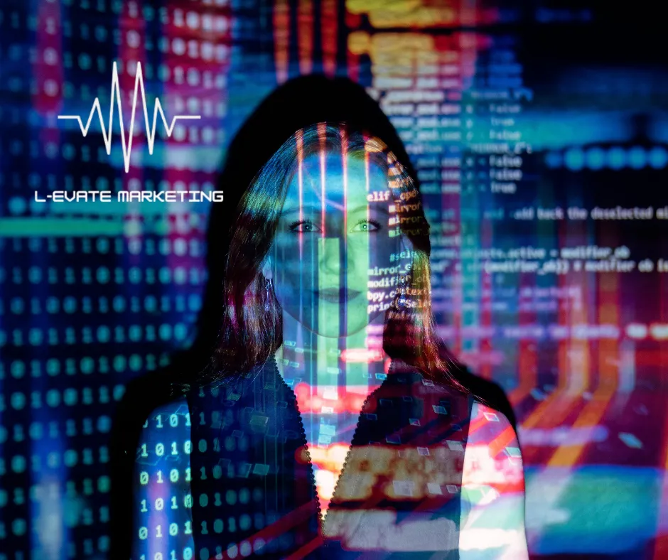 A vibrant digital illustration of a diverse group of business owners gathered around a large touchscreen display, analyzing AI-generated marketing data in a modern office with large windows and city views.