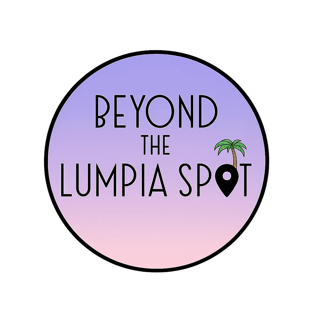 A vibrant digital illustration of a Filipino-fusion food truck parked under a stylized palm tree, with a lavender-to-pink gradient sky, tropical leaves, and subtle island accents. The truck features bold branding and a welcoming service window, evoking a festive, modern, and inviting atmosphere.