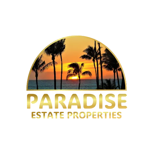 Logos - Elise Shuben realor near Wes Hills | Paradise Estate Properties | Palms trees sihouettes against Hawaiian sunset