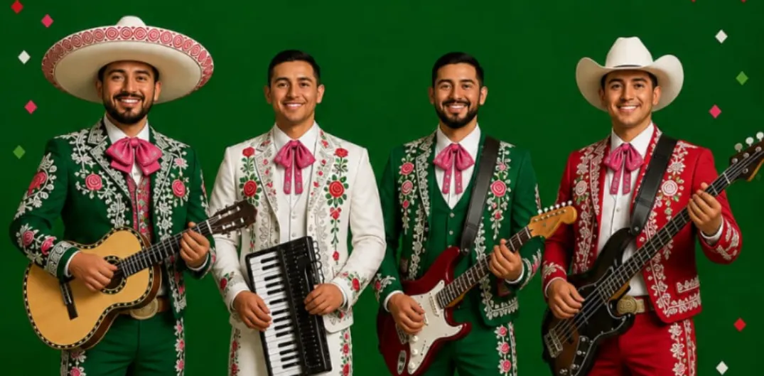 Músicos actuando con una mezcla de instrumentos tradicionales y modernos en un escenario vibrante, iluminación colorida y público visible.