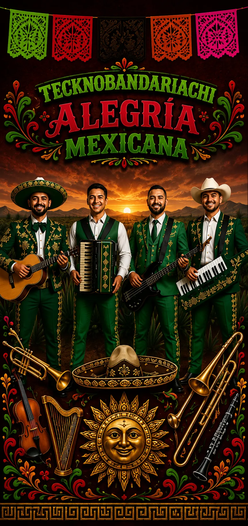 Masked musicians in diverse, vibrant costumes blending mariachi, banda, and norteño styles, each holding traditional Mexican instruments (guitarrón, vihuela, trumpets, octapad, congas, trombones) on a dark minimalist background with colorful Mexican accent motifs.