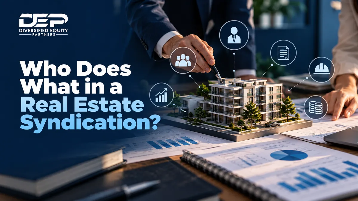 "Quote by Helen Keller on teamwork and collaboration." "Illustration of an airplane with labeled roles: pilots as sponsors, passengers as passive investors." "Infographic showing key players in a real estate syndication." "Image of a real estate broker presenting a property listing." "Diagram explaining the role of lenders in real estate syndications." "Chart depicting responsibilities of general partners in a syndication." "Graphic illustrating the function of key principals in securing loans." "Visual of passive investors enjoying passive income from a syndication." "Image of a property manager overseeing a renovation project." "Illustration of DEP’ role in investor relations and equity raising."