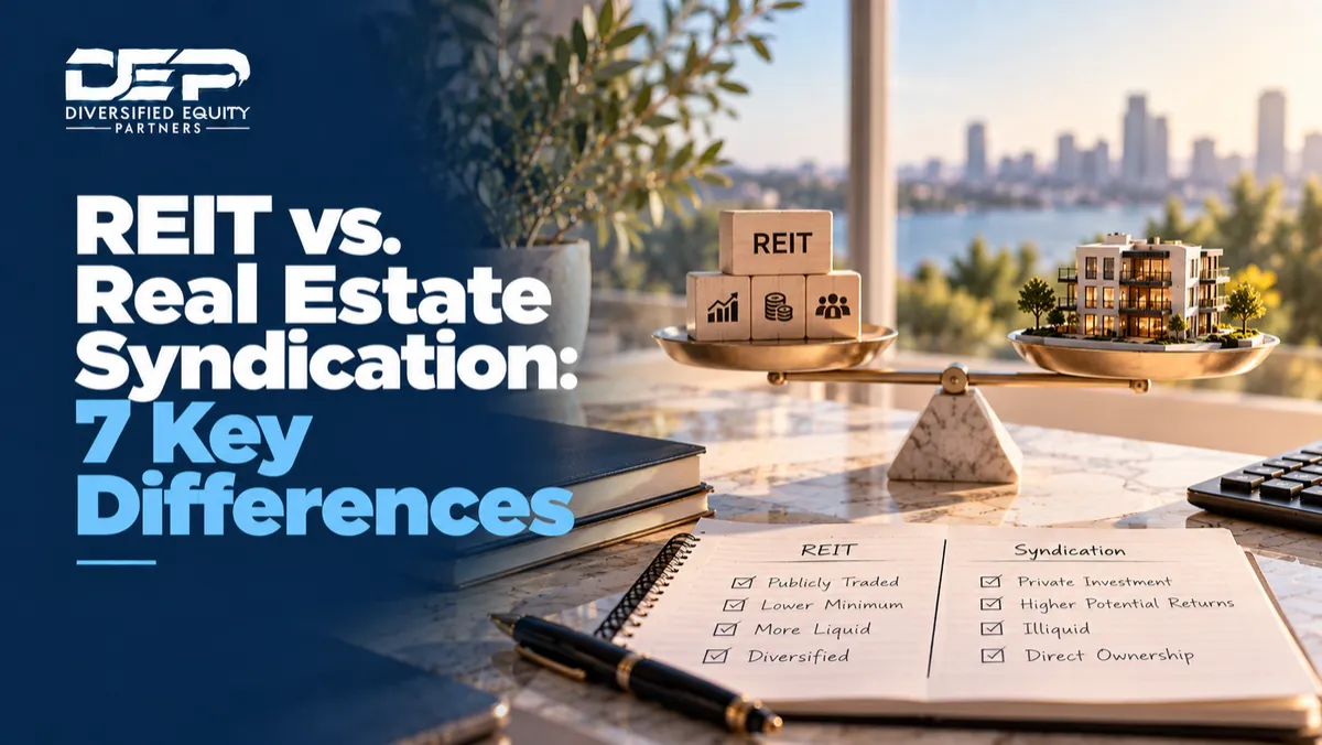 REIT vs real estate syndication comparison showing seven key differences for passive real estate investors