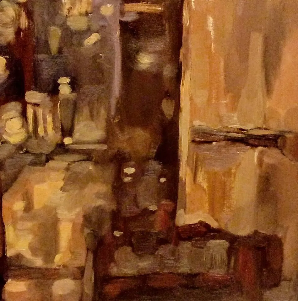 Obraz olejny przedstawiający wnętrze Pewexu w Rzeszowie.