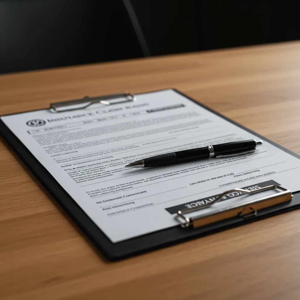 Clipboard and pen on desk showing car insurance paperwork