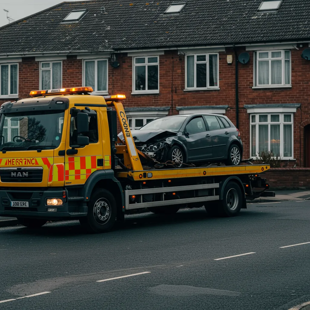 ow truck recovering damaged vehicle for secure storage