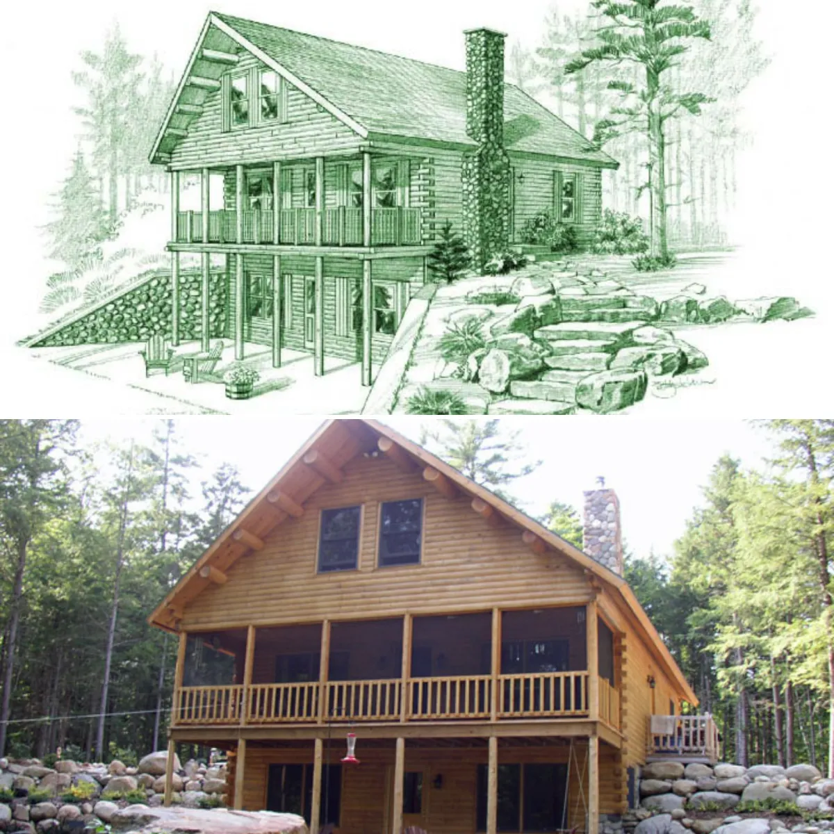 Architectural line-drawing of the Standard Kit log home