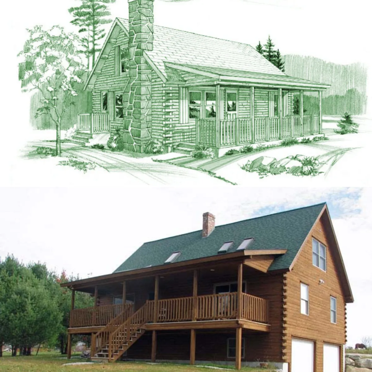 Architectural line-drawing of the Standard Kit log home