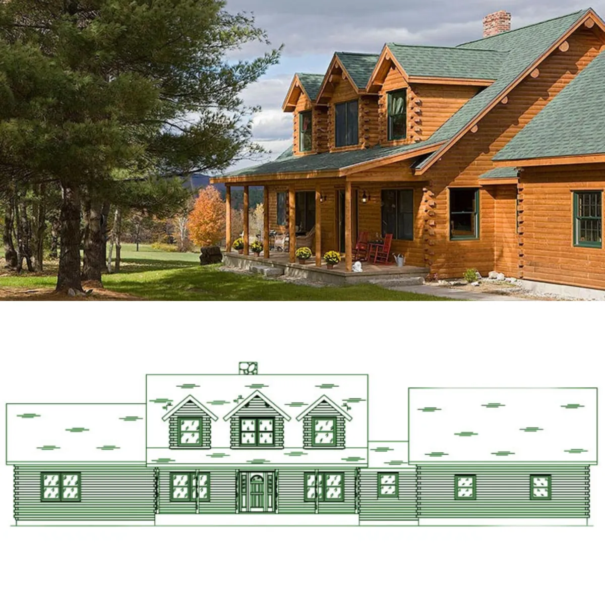 Architectural line-drawing of the Standard Kit log home