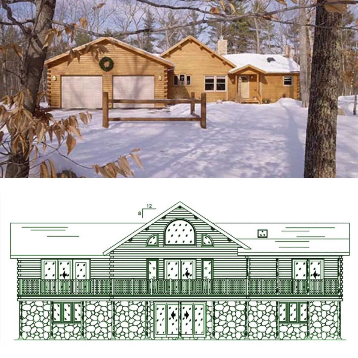 Architectural line-drawing of the Standard Kit log home