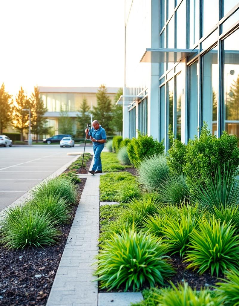 Landscaping crew member using a leaf blower along a walkway beside a landscaped building entrance