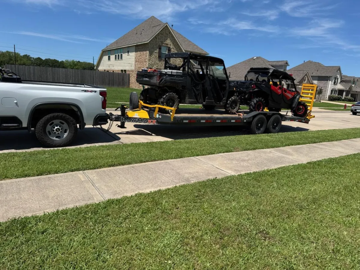 24ft equipment trailer from Leadfoot Rentals, showcasing reliable and affordable hauling solutions in Baytown, Texas.